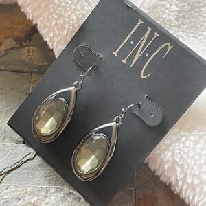 INC Teardrop Dangle Earrings Gunmetal Grey Green Rhinestone New